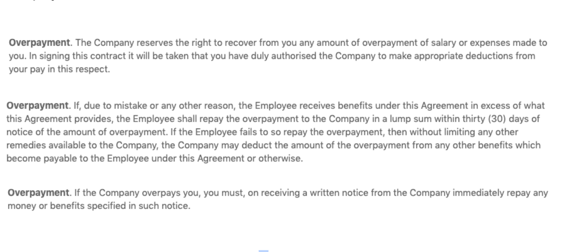 contract clauses on overpayment of wages