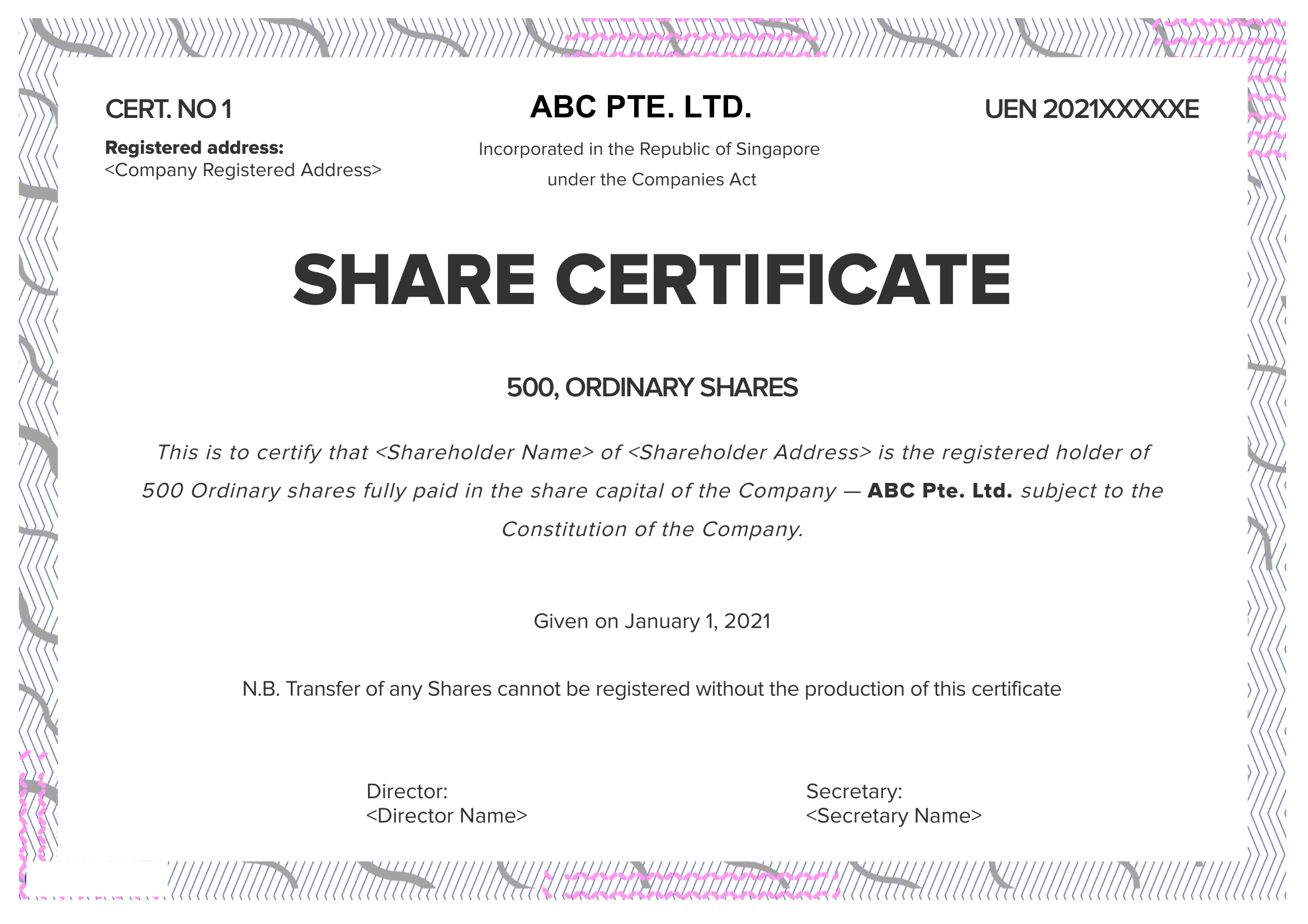 ABC Pte Ltd Sample Share Certificate